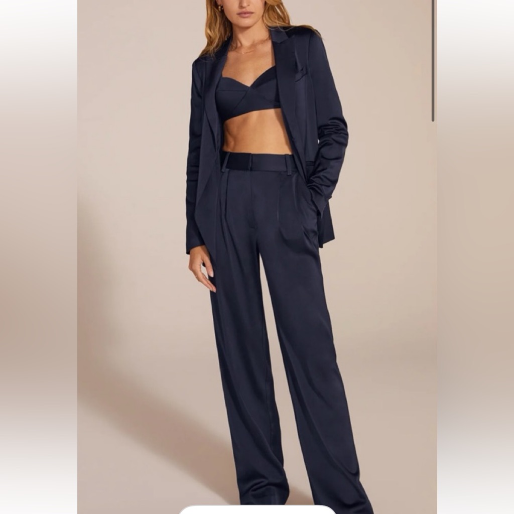 Nwt Favorite Daughter Navy Satin 3-Piece Suit Set (Blazer, Pants & Bra)